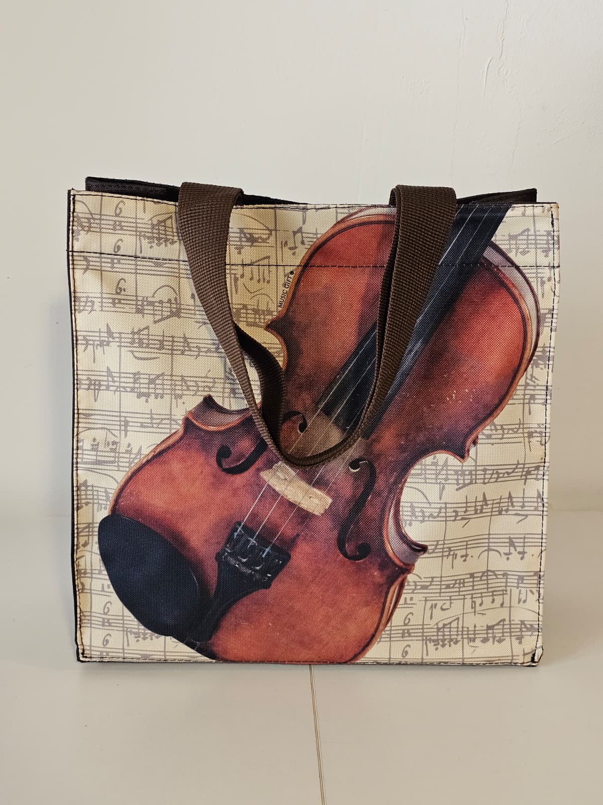 Shopper Violino - fronte con stampa violino su spartito vintage